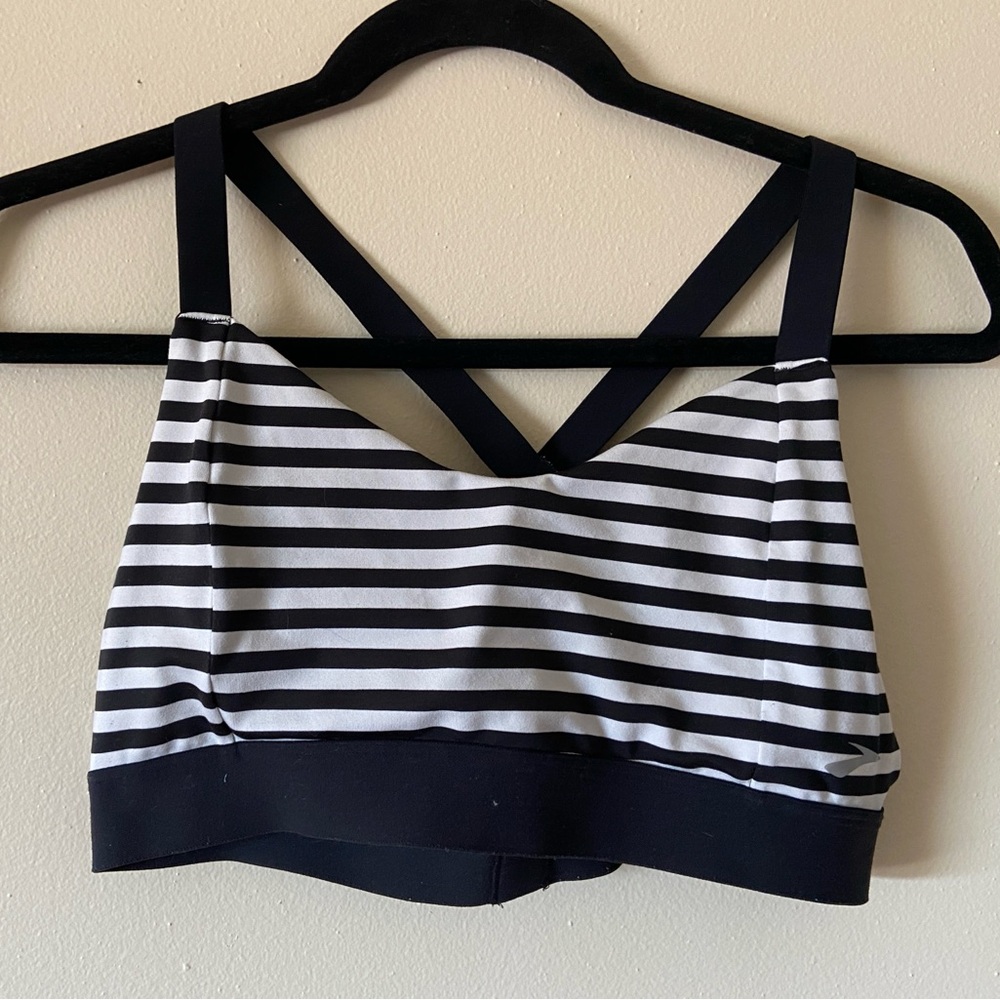 Brooks Black and White Striped Cross-Back Sports Bra